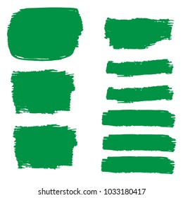 Set of Hand Painted Organic Brush Strokes. Green Vector Grunge Brushes. Vector Frame For Text Modern Art Graphics For Hipsters.  Dirty Artistic Creative Design Elements. Perfect For Logo, Banner.