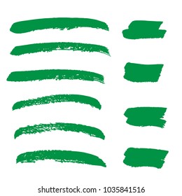 Set of Hand Painted Organic Brush Strokes. Green Vector Grunge Brushes. Vector Frame For Text Modern Art Graphics For Hipsters.  Dirty Artistic Creative Design Elements. Perfect For Logo, Banner.