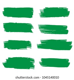 Set of Hand Painted Organic Brush Strokes. Green Vector Grunge Brushes. Vector Frame For Text Modern Art Graphics For Hipsters.  Dirty Artistic Creative Design Elements. Perfect For Logo, Banner.