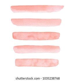 Set Of Hand Painted Peach Pink Vector Watercolor Paintbrush Textures For Your Design. Soft Brush Strokes Isolated On The White Background.