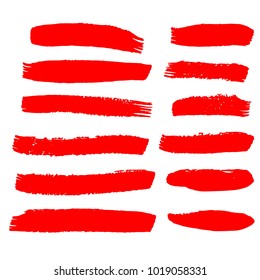 Set of Hand Painted Red Brush Strokes. Vector Grunge Brushes. Color Vector Frame For Text Modern Art Graphics For Hipsters.  Dirty Artistic Creative Design Elements. Perfect For Logo, Banner.