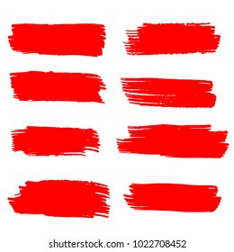 Set of Hand Painted Red Brush Strokes. Vector Grunge Brushes. Color Vector Frame For Text Modern Art Graphics For Hipsters.  Dirty Artistic Creative Design Elements. Perfect For Logo, Banner.