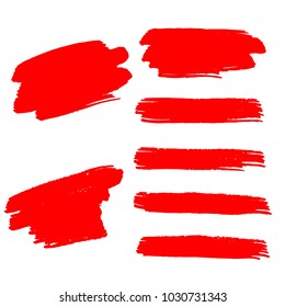 Set of Hand Painted Red Brush Strokes. Vector Grunge Brushes. Color Vector Frame For Text Modern Art Graphics For Hipsters.  Dirty Artistic Creative Design Elements. Perfect For Logo, Banner.