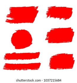 Set of Hand Painted Red Brush Strokes. Vector Grunge Brushes. Color Vector Frame For Text Modern Art Graphics For Hipsters.  Dirty Artistic Creative Design Elements. Perfect For Logo, Banner.