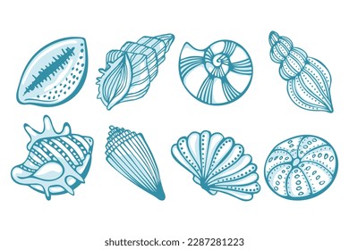 Conchas de mar pintadas a mano. Ilustración de conchas azules sobre fondo blanco, fondo marino, vector