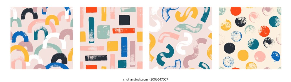 Set of hand painted seamless patterns with various circles, dots, stamps, lines, strokes, curls. Endless colorful background for wallpaper, fabric print, wrapping paper.