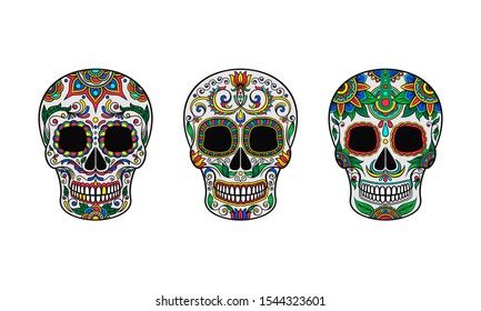 Set of hand painted skulls. Vector illustration.