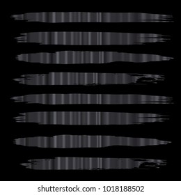 Set of Hand Painted Stripe Dark Sliver Brush Strokes. Vector Grunge Brushes. Vector Frame For Text Modern Art Graphics For Hipsters. Dirty Artistic Creative Design Elements. Perfect For Logo, Banner.