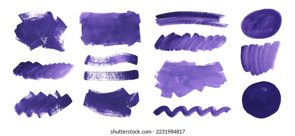 Set of hand painted textures, abstract forms, backgrounds, design elements. Violet brush strokes, frames, stains.