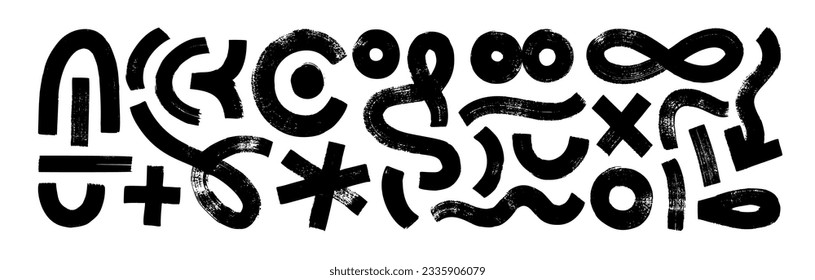 Set of hand painted various shapes, curls, forms, arches, squiggles, brush strokes and doodle objects. Abstract modern minimalist trendy vector illustration with bold brush drawn geometric shapes.