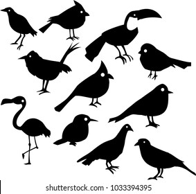 Set of Hand painted Vector Bird Silhouettes isolated on white background.