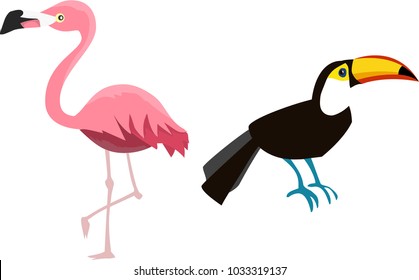 Set of a Hand painted Vector Flamingo and a Toucan Bird isolated on white background. Flat colorful bird silhouette. Abstract, Simple Logo Icon Cartoon Style.