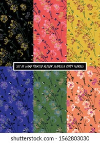 SET OF HAND PAINTED VECTOR POPPY FLORAL PATTERNS SEAMLESS FOR FABRIC/YARDAGE PRINTING FASHION ARTISTIC
