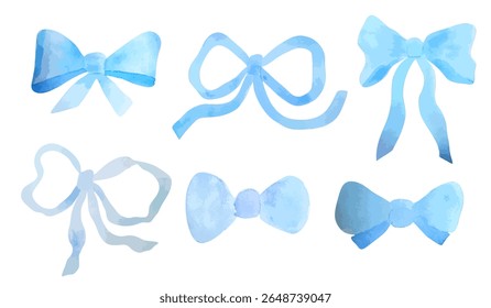 A set of hand painted watercolor blue bows in various shapes, ideal for crafts, cards, and gifts.