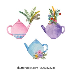 A set of hand painted watercolor floral kettles illustration