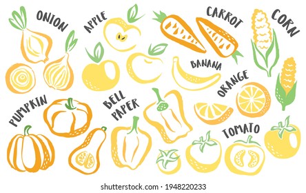 Set of hand painted yellow vegetables and fruits