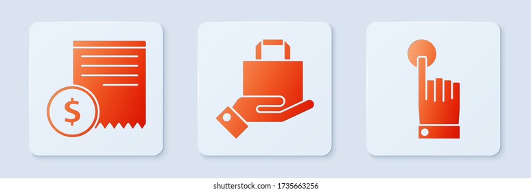 Set Hand and paper shopping bag, Paper check and financial check and Hand touch and tap gesture. White square button. Vector