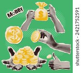 Set of hand paper sticker elements holding money for halftone collages. Retro y2k vector illustration on finance theme with coin dollars and money sack.