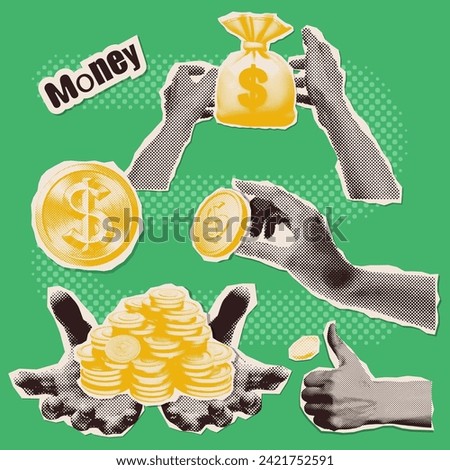 Set of hand paper sticker elements holding money for halftone collages. Retro y2k vector illustration on finance theme with coin dollars and money sack.