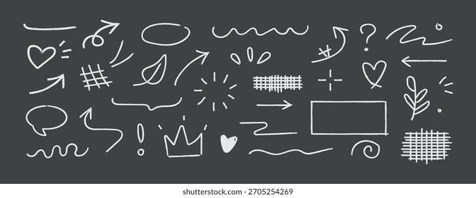  Set of hand pencil draw set. Hand drawn doodle design elements. Speech, Hearts, wave arrows, direction pointers, and curved lines. Vector illustration