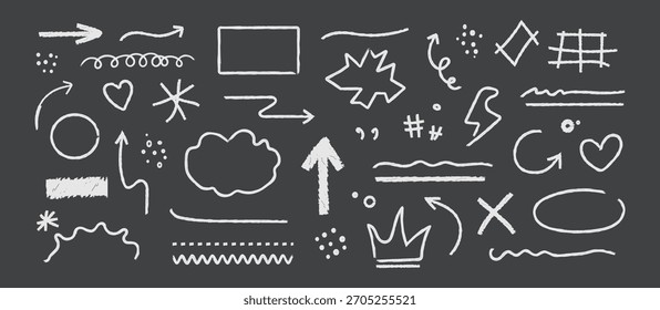 : Satz von Handbleistift-Zeichnungssatz. Handgezeichnete Doodle-Design-Elemente. Sprache, Herzen, Wellenpfeile, Richtungszeiger und gekrümmte Linien. Vektorgrafik