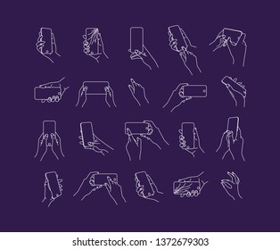 Set of hand phone in different positions and navigation drawing with thin lines on dark blue background.