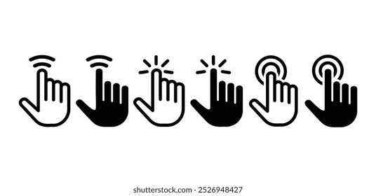 set of hand pointer cursor icon symbol sign vector design black white color flat outline black fill illustration isolated