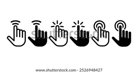 set of hand pointer cursor icon symbol sign vector design black white color flat outline black fill illustration isolated