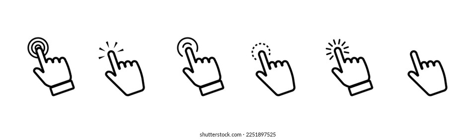 Set of hand pointer icon. Clicking hand poiner. Computer mouse click cursor. Clicking finger. Click cursor collection. Hand pointer icon. Touch icon. Vector