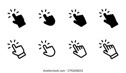 Set von Hand Zeiger-Symbol im trendigen, flachen Stil. Klicken Sie mit der Computermaus auf den Cursor. Klicken Sie auf Cursor-Auflistung. Klicken Sie auf den Finger. Zeigersymbol. Cursor