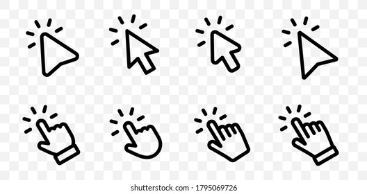 Set Of Hand Pointer Symbol In Trendy Flat Style. Computer Mouse Click Cursor In Transparent Background. Click Cursor Collection. Clicking Finger. Hand Pointer Icon. Cursor