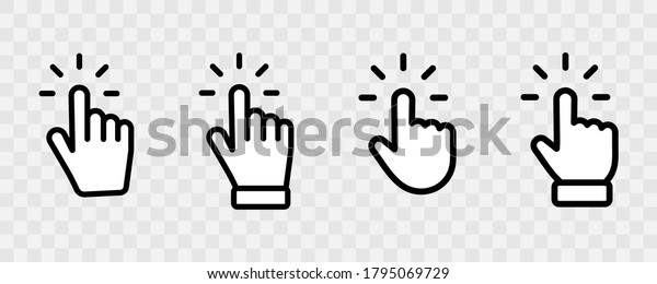 Set of Hand pointer\
symbol in trendy flat style. Computer mouse click cursor in\
transparent background. Click cursor collection. Clicking finger.\
Hand pointer icon. Cursor