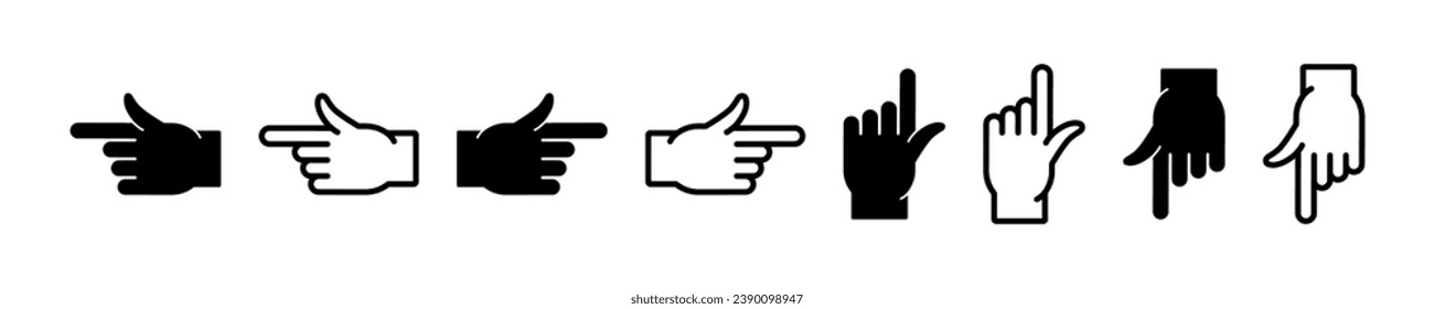 Set of hand pointer vector icons. Finger gesture. Direction on right, left, down and up.