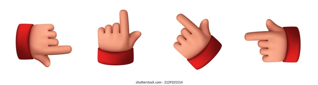 Set of hand pointers. Soft matte plastic hands. Toy pointers, toy brushes. Vector clipart isolated on white background.