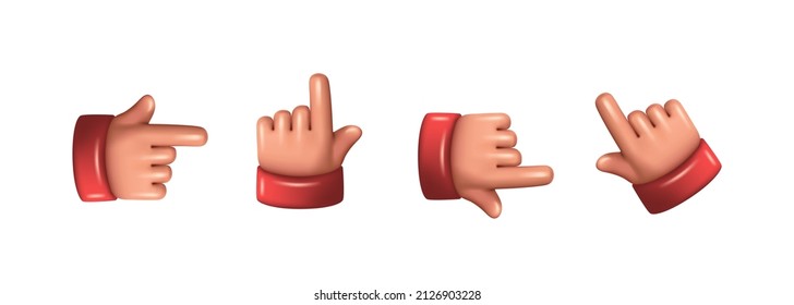 Set of hand pointers. Soft plastic hands. Toy pointers, toy brushes. Vector clipart isolated on white background.