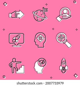 Set Hand with pointing finger, Moon flag, for search people, Rocket ship, Head hunting, Target magnifying glass, Stair finish and holding icon. Vector