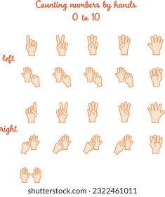 A set of hand poses for counting numbers from 0 to 10. A set of right and left hands. (10 is common for left and right)