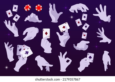 Set of hand poses. Magician with cards. Casino style. Chips. Cartoon vector illustration.