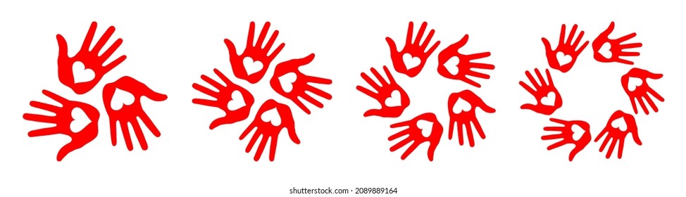 Set of hand print with heart circle icons. Handprint emblems. Hand round insignia. Vector logo 