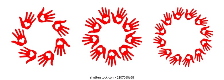 Set of hand print with heart circle icons. Handprint emblems. Hand round insignia. Vector logo 