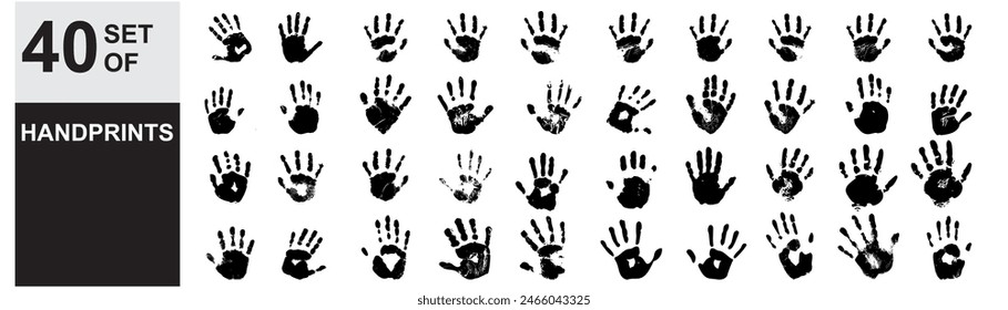 set of hand print silhouettes handprint of child isolated on white background for art, childhood, fun, happy, infant, symbol, kid, identity, education, school, little or young