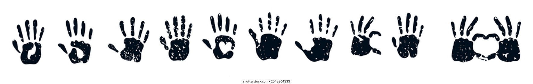 conjunto de silhuetas de impressão de mão impressão de mão de criança isolada sobre fundo branco para arte, infância, diversão, feliz, bebê, símbolo, criança, identidade, educação, escola, pequeno ou jovem
