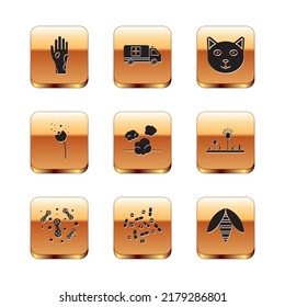 Set Hand with psoriasis or eczema, Bacteria, Medicine pill tablet, Dust, Flower producing pollen, Pet, Bee and Emergency car icon. Vector