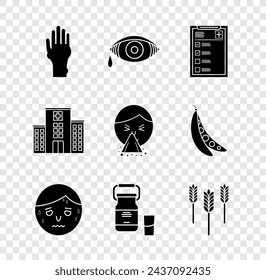 Set Hand with psoriasis or eczema, Clinical record, Man excessive sweating, Can container for milk, Wheat, Medical hospital building and Handkerchief to his runny nose icon. Vector