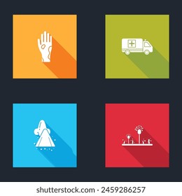 Set Hand with psoriasis or eczema, Emergency car, Runny nose and Mold icon. Vector