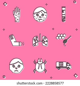 Set Hand with psoriasis or eczema, Face, Test tube flask, Inhaler, Lungs, Honeycomb honey dipper, Inflammation face and Parasite mite icon. Vector