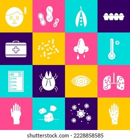Set Hand with psoriasis or eczema, Lungs, Medical digital thermometer, Kidney beans, Medicine pill tablet, First aid kit, Fatigue and Runny nose icon. Vector