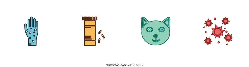 Set Hand with psoriasis or eczema, Medicine bottle pills, Pet and Bacteria icon. Vector