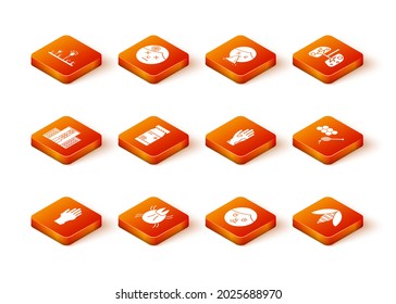 Set Hand with psoriasis or eczema, Parasite mite, Medical hospital building, Medicine bottle pills, Runny nose, Bee and Honeycomb honey dipper icon. Vector