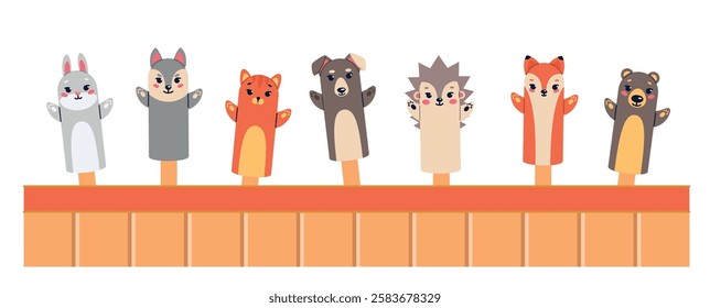 Set hand puppets animals. theater actor toys, bear fox and rabbit, forest characters. Childish entertainment show. Marionettes on fingers. Cartoon flat style isolated vector concept